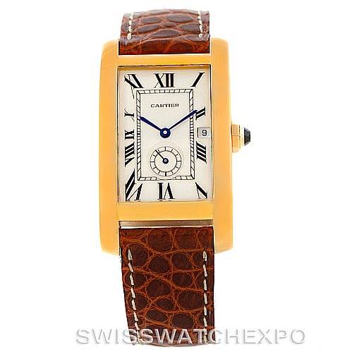 The image shows the front view of a Cartier Tank Américaine watch with a brown leather strap and gold rectangular case.