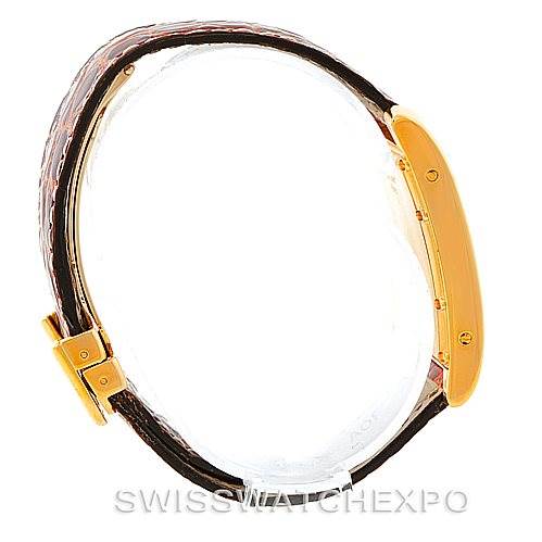 The image shows a side view of the Tank Americaine model by Cartier, highlighting the case, crown, and leather strap with a buckle.