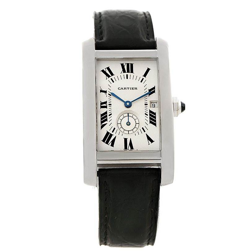 This image shows a frontal view of the Cartier Tank Americaine Women
s White Gold Silver Dial Women
s White Gold Silver Dial watch, highlighting its rectangular face, Roman numerals, and black strap.
