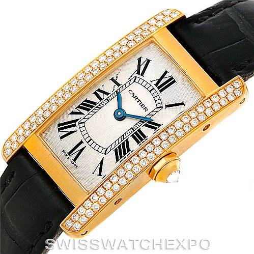 This image shows a top view of a Cartier Tank Américaine watch featuring a diamond-set bezel, white dial, and black leather strap.