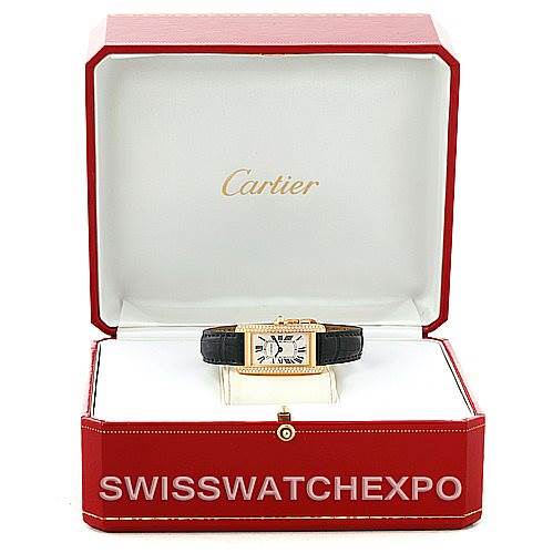 This image shows a Cartier Tank Americaine W2601956 Women's Yellow Gold Silver Dial W2601956 Women's Yellow Gold Silver Dial watch from the front, placed in an open red Cartier box.