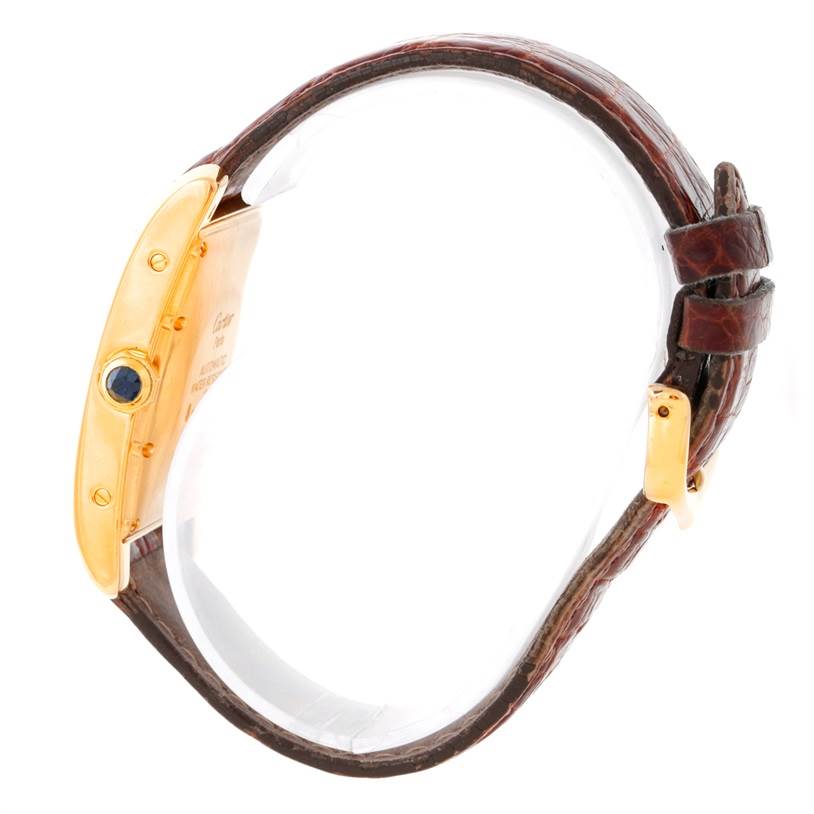 This is a side view of the Cartier Tank Americaine Women's Yellow Gold Silver Dial Women's Yellow Gold Silver Dial watch, showing the casing and leather strap.