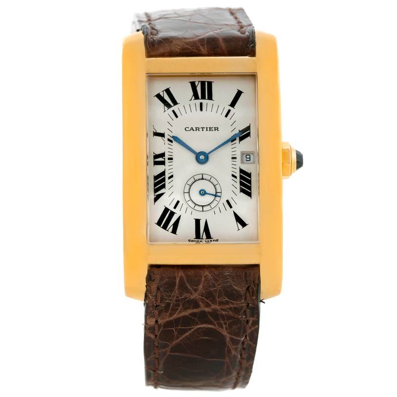 The Cartier Tank Americaine W2600351 Yellow Gold Silver Dial W2600351 Yellow Gold Silver Dial watch is shown from the front, displaying its rectangular face, Roman numerals, and leather strap.