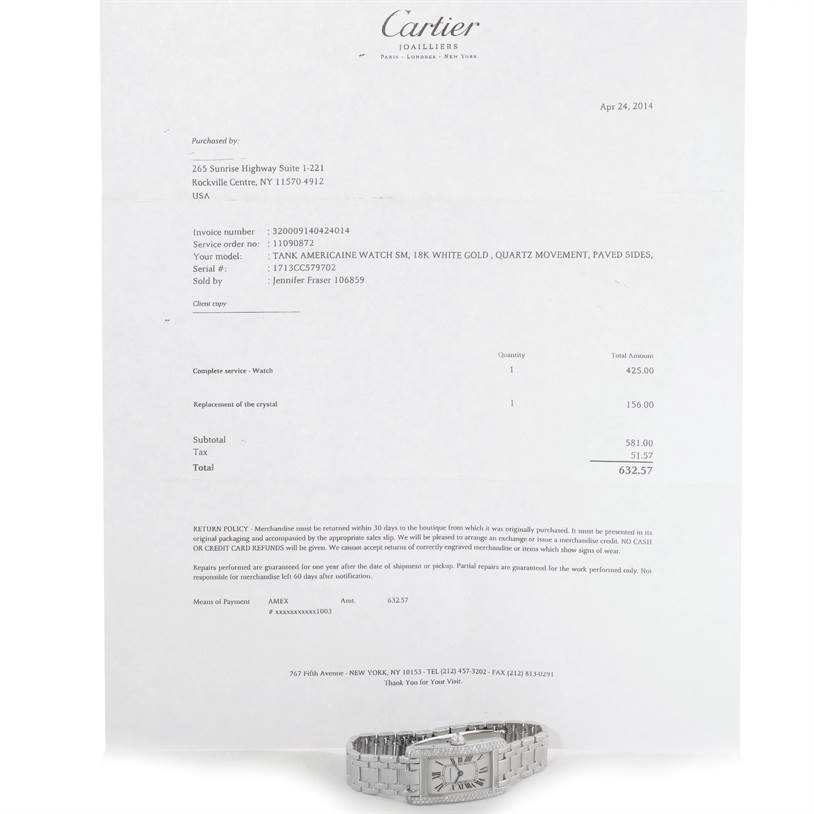 The Cartier Tank Americaine W2601956 Women
s White Gold Silver Dial W2601956 Women
s White Gold Silver Dial watch is shown at an angle to display its face, band, and a service receipt.