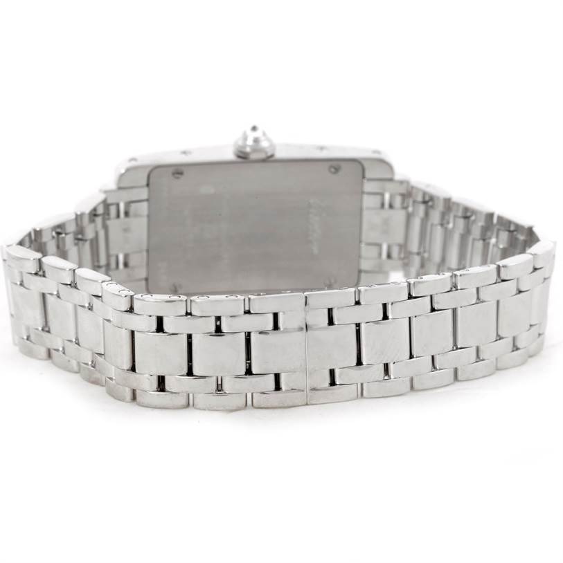 The image shows the back view and bracelet of the Cartier Tank Americaine WB707331 Women
s White Gold Silver Dial WB707331 Women
s White Gold Silver Dial watch.