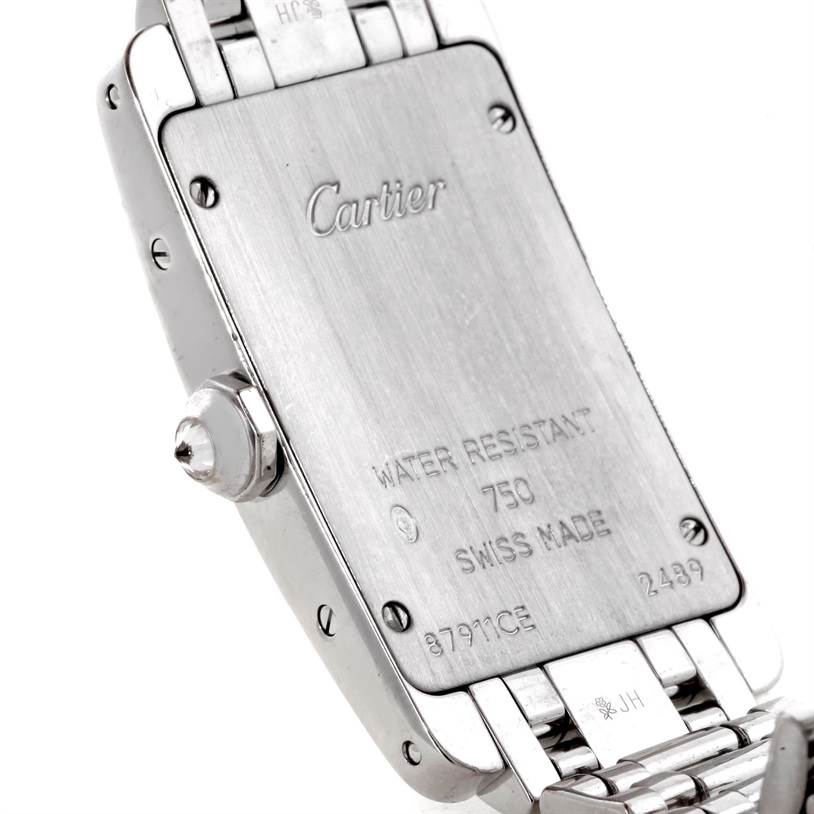 The image shows the back case and part of the bracelet of a Cartier Tank Americaine WB707331 Women
s White Gold Silver Dial WB707331 Women
s White Gold Silver Dial watch.