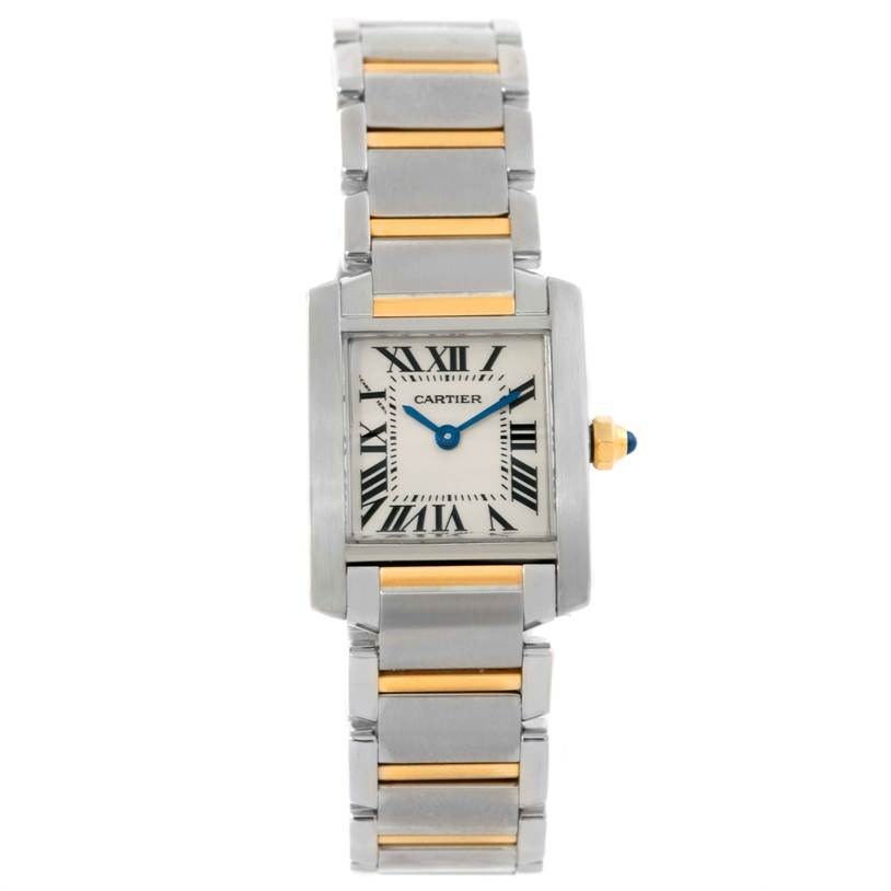 The image shows a front view of a Cartier Tank Francaise W51007Q4 Women's Steel and Gold (two tone) Silver Dial W51007Q4 Women's Steel and Gold (two tone) Silver Dial watch, highlighting its face, Roman numerals, and two-tone bracelet.