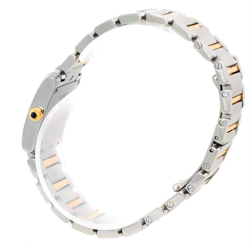 The image shows the side view of the Cartier Tank Française watch, focusing on its bracelet and crown.