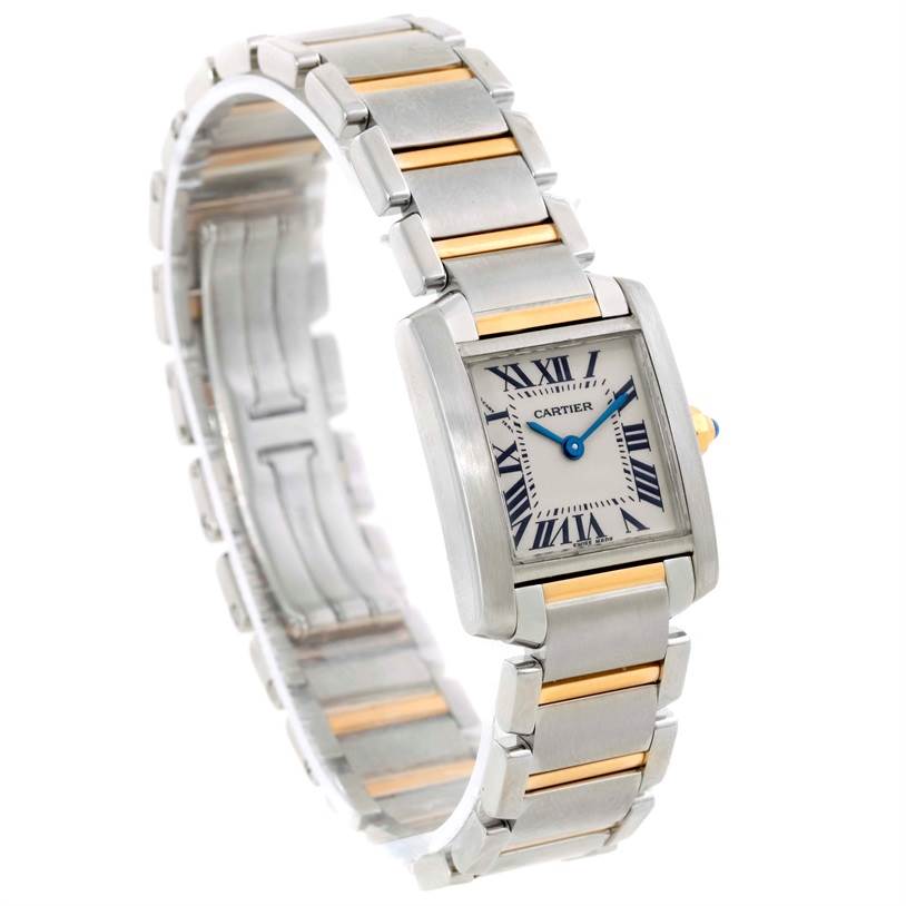 The image shows a Cartier Tank Française watch at a slight angle, highlighting its rectangular face and metal band.