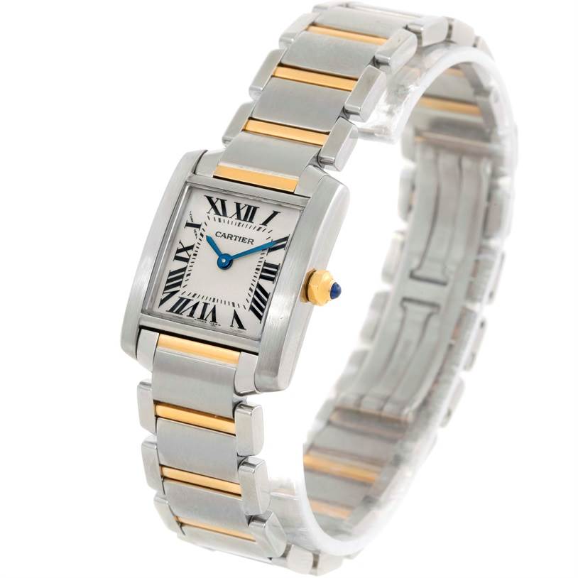 This image shows a Cartier Tank Francaise W51007Q4 Women's Steel and Gold (two tone) Silver Dial W51007Q4 Women's Steel and Gold (two tone) Silver Dial watch at a slight angle, featuring the face, crown, and part of the bracelet.