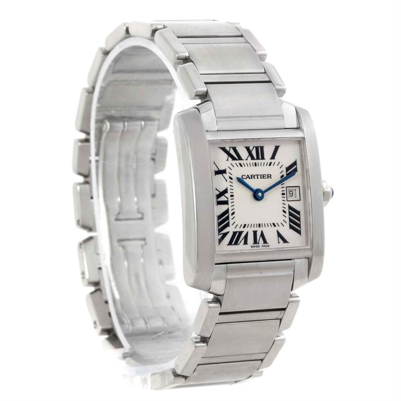 The image shows a Cartier Tank Francaise W51011Q3 Women's Stainless Steel Silver Dial W51011Q3 Women's Stainless Steel Silver Dial watch at a three-quarter angle, highlighting its square face, Roman numeral dial, and stainless steel bracelet.