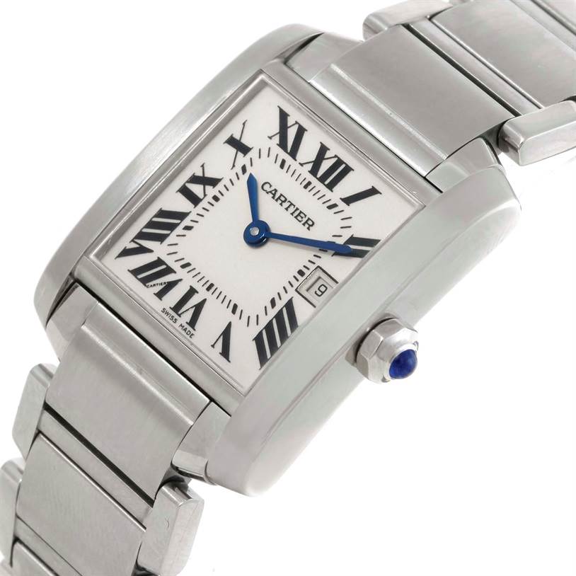 The Cartier Tank Francaise W51011Q3 Women's Stainless Steel Silver Dial W51011Q3 Women's Stainless Steel Silver Dial watch is shown at a close-up angle highlighting its face, bezel, crown, and part of the bracelet.