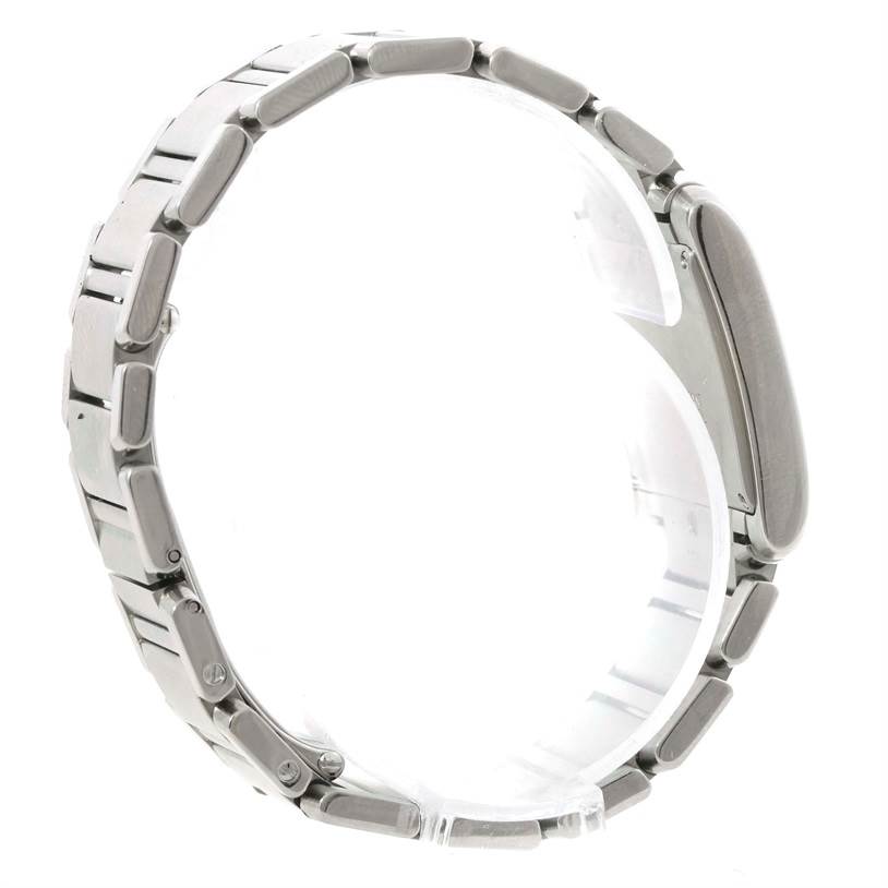 The image shows the side view of a Cartier Tank Francaise W51011Q3 Women's Stainless Steel Silver Dial W51011Q3 Women's Stainless Steel Silver Dial model watch, focusing on its metal bracelet and the side of the case.