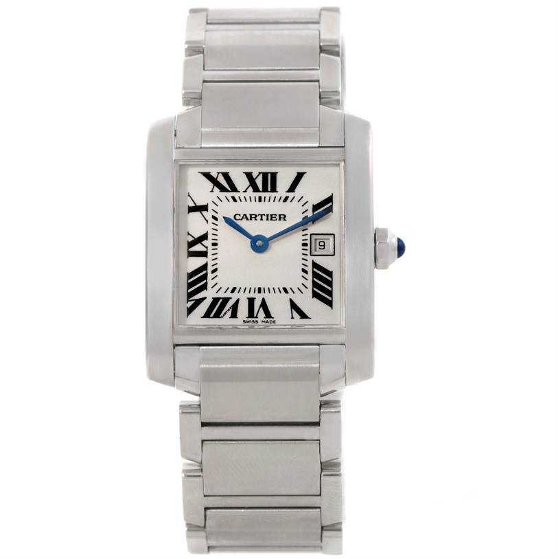 The Cartier Tank Francaise W51011Q3 Women's Stainless Steel Silver Dial W51011Q3 Women's Stainless Steel Silver Dial watch is shown from a direct front view, displaying the face, bracelet, and crown.