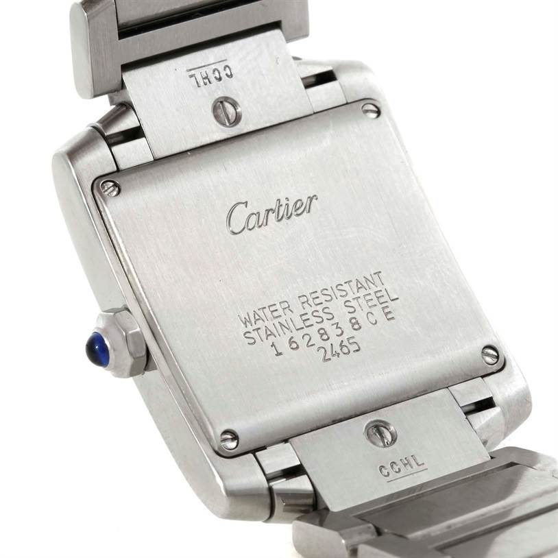 This image shows the back of a Cartier Tank Française watch, including details of the stainless steel case and bracelet.