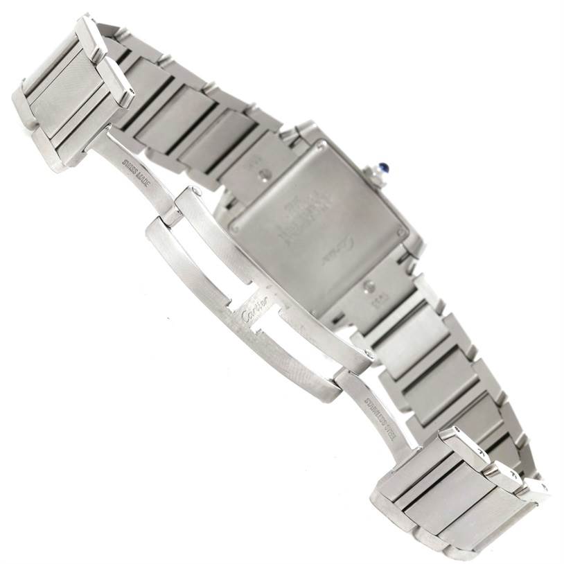 The image shows the back and clasp of a Cartier Tank Francaise W51011Q3 Women's Stainless Steel Silver Dial W51011Q3 Women's Stainless Steel Silver Dial watch at an angle.