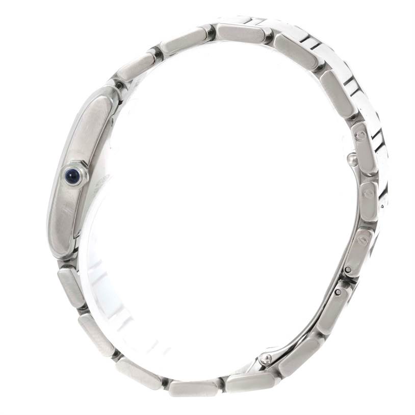 The image shows a Cartier Tank Francaise W51011Q3 Women's Stainless Steel Silver Dial W51011Q3 Women's Stainless Steel Silver Dial watch from the side, highlighting its case and bracelet links.