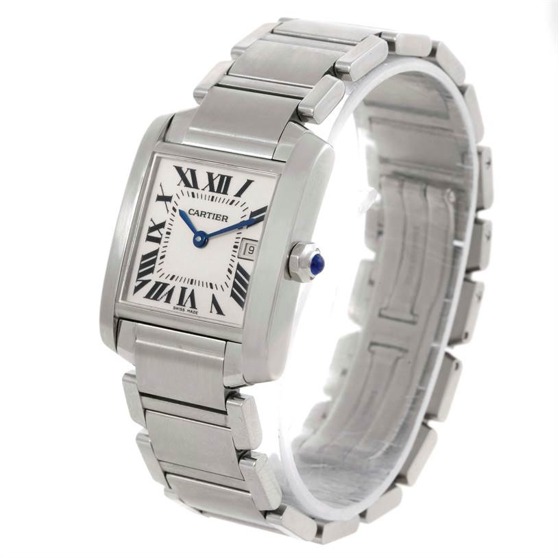 The image shows a Cartier Tank Francaise W51011Q3 Women's Stainless Steel Silver Dial W51011Q3 Women's Stainless Steel Silver Dial watch from a front angle, highlighting the face, bracelet, and crown with blue gemstone.