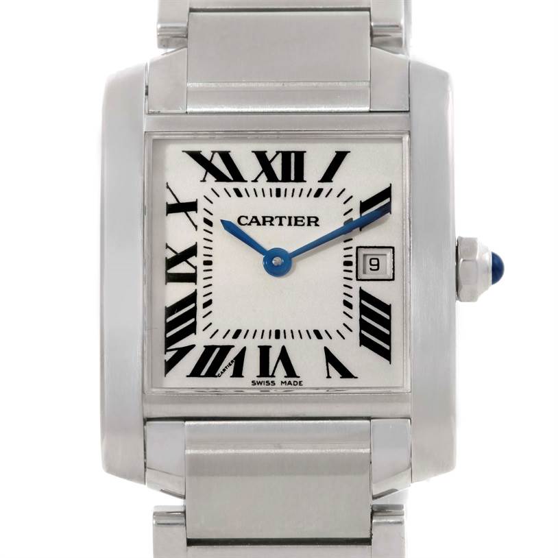 This is a frontal view of the Cartier Tank Francaise W51011Q3 Women's Stainless Steel Silver Dial W51011Q3 Women's Stainless Steel Silver Dial watch, showing the face, hands, bezel, and part of the bracelet.