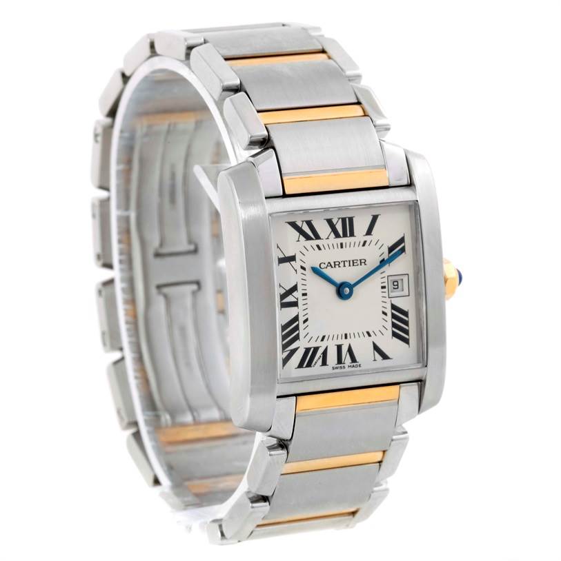 The image shows a Cartier Tank Francaise W51012Q4 Women's Steel and Gold (two tone) Silver Dial W51012Q4 Women's Steel and Gold (two tone) Silver Dial watch at a three-quarter angle, highlighting its face, two-tone bracelet, and side crown.