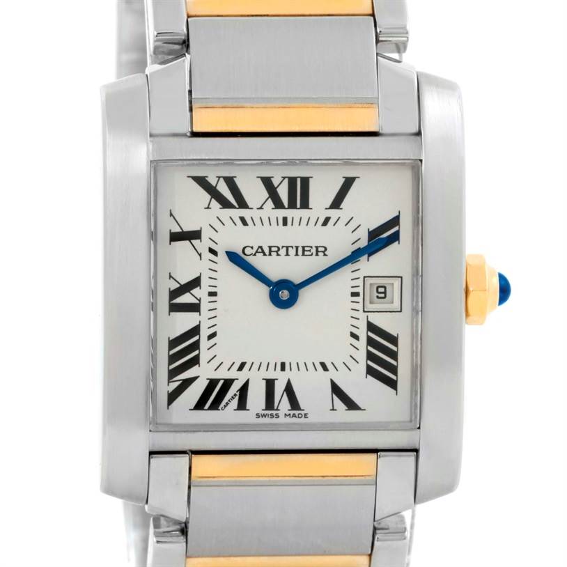 The image shows a frontal view of the Cartier Tank Française watch, highlighting its dial, hands, date window, and part of the bracelet.