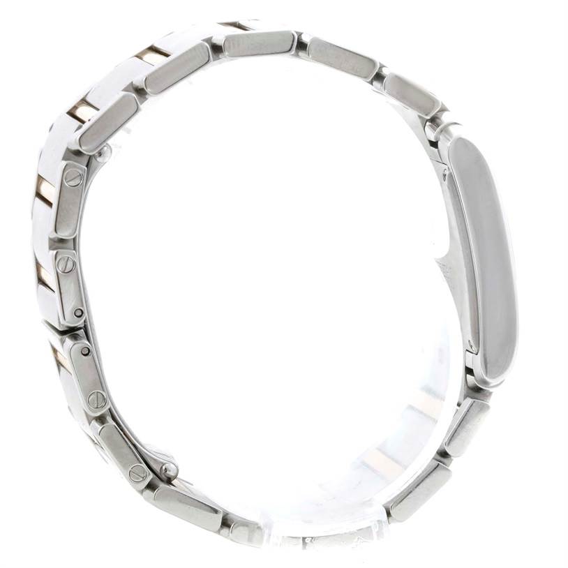 This side view shows the linked metal bracelet and profile of the case of the Cartier Tank Française watch.