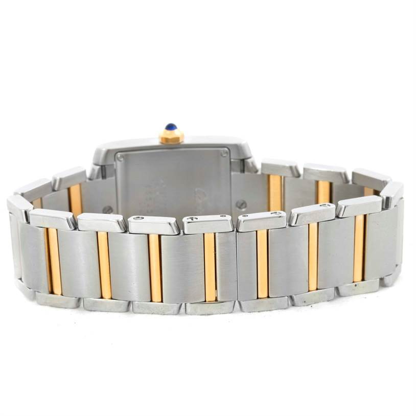 The image shows the back and bracelet of a Cartier Tank Francaise W51012Q4 Women's Steel and Gold (two tone) Silver Dial W51012Q4 Women's Steel and Gold (two tone) Silver Dial watch, featuring a two-tone metal band.