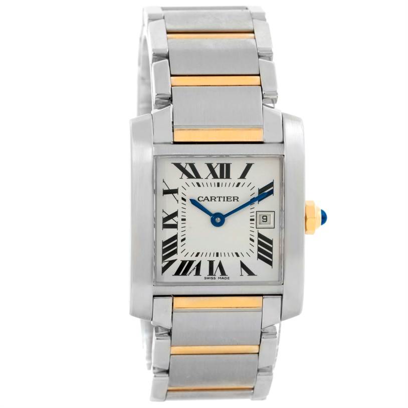 Front view of the Cartier Tank Française watch showing the dial, hands, Roman numerals, date window, and bracelet.