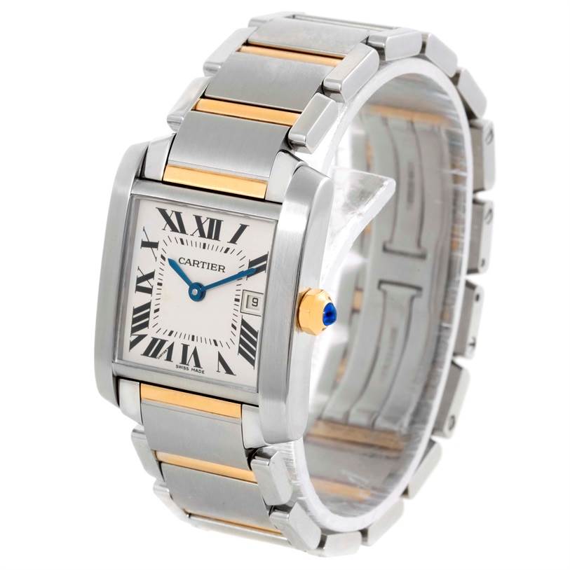 The image shows a Cartier Tank Francaise W51012Q4 Women's Steel and Gold (two tone) Silver Dial W51012Q4 Women's Steel and Gold (two tone) Silver Dial watch at a three-quarter angle, displaying the face, bracelet, and crown.