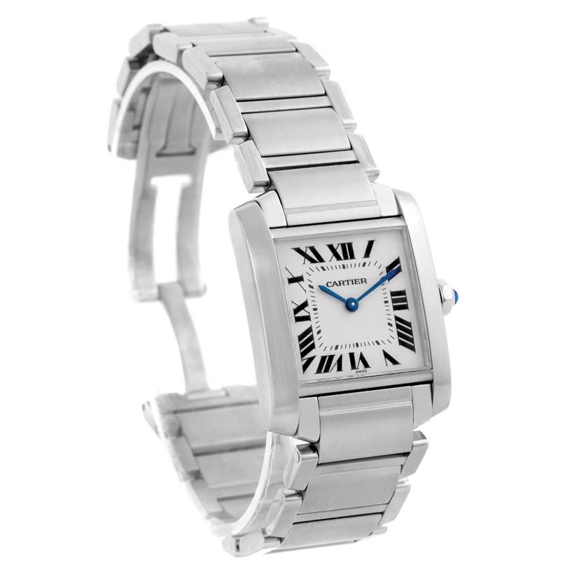 This image shows the Cartier Tank Francaise WSTA0005 Women's Stainless Steel Silver Dial WSTA0005 Women's Stainless Steel Silver Dial watch from a 3/4 angle revealing its face, bracelet, and clasp.