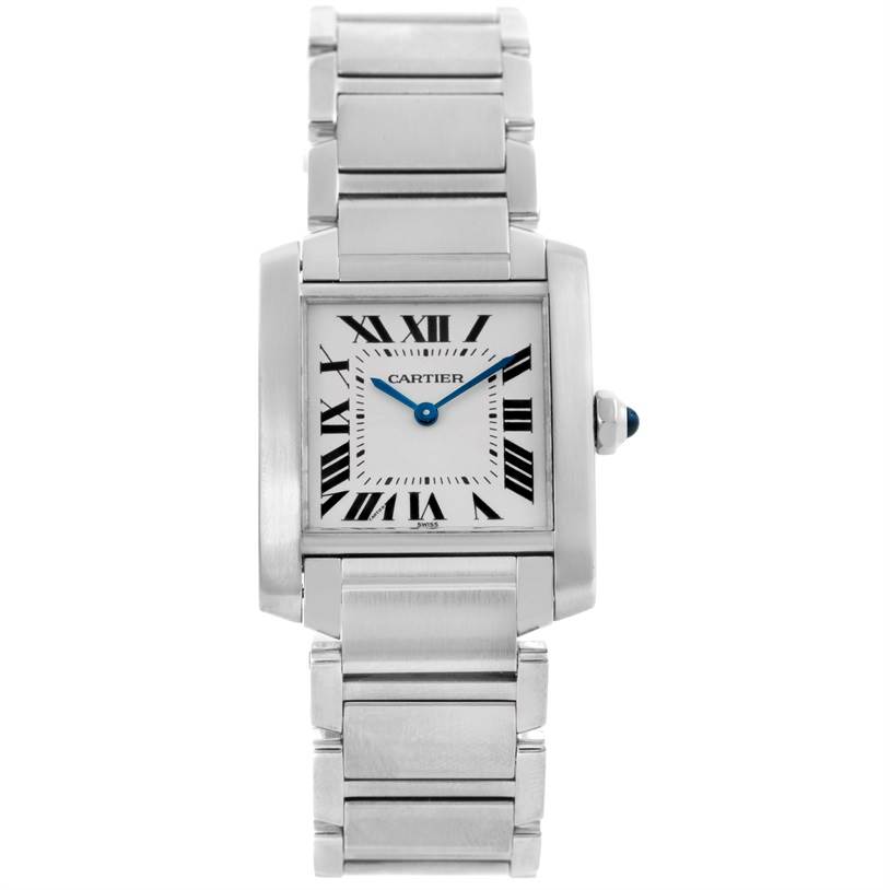The image shows a Cartier Tank Francaise WSTA0005 Women's Stainless Steel Silver Dial WSTA0005 Women's Stainless Steel Silver Dial watch from a top-down angle, highlighting the face, bezel, bracelet, and crown.