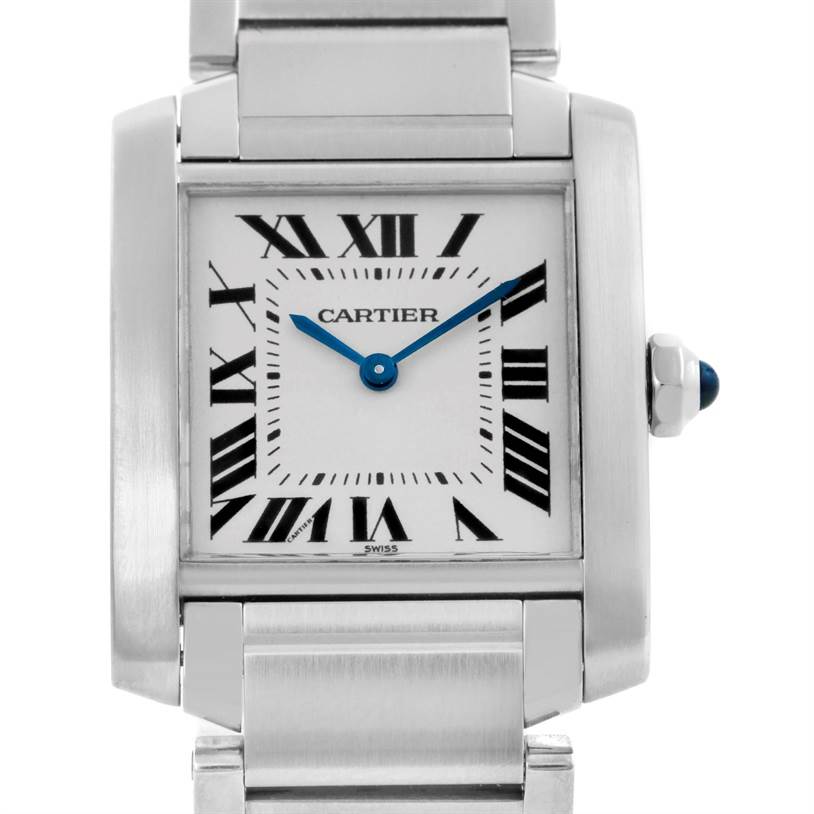 This is a front view of a Cartier Tank Francaise WSTA0005 Women's Stainless Steel Silver Dial WSTA0005 Women's Stainless Steel Silver Dial watch, showing its face, Roman numerals, blue hands, and part of the bracelet.