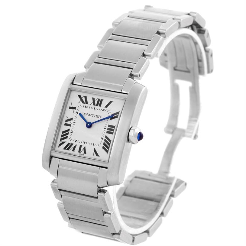 The image shows a Cartier Tank Francaise WSTA0005 Women's Stainless Steel Silver Dial WSTA0005 Women's Stainless Steel Silver Dial watch from a front angle, highlighting its face, bracelet, and crown.