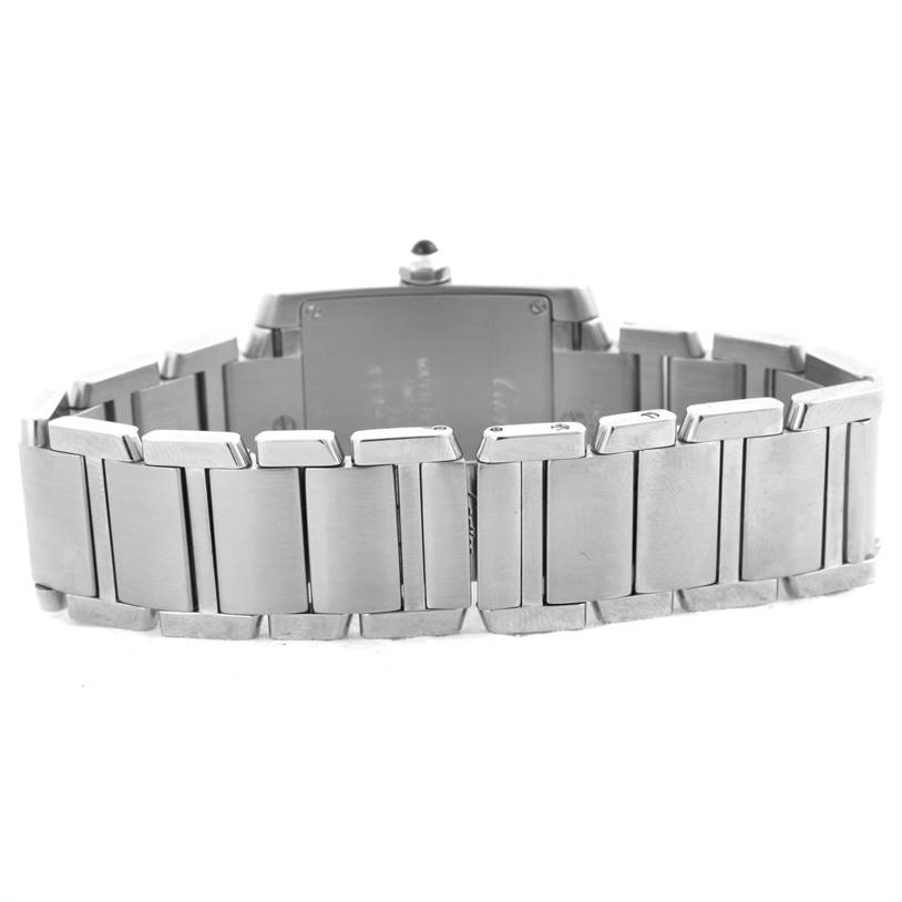 The image shows the backside and bracelet of a Cartier Tank Francaise WSTA0005 Women's Stainless Steel Silver Dial WSTA0005 Women's Stainless Steel Silver Dial watch.