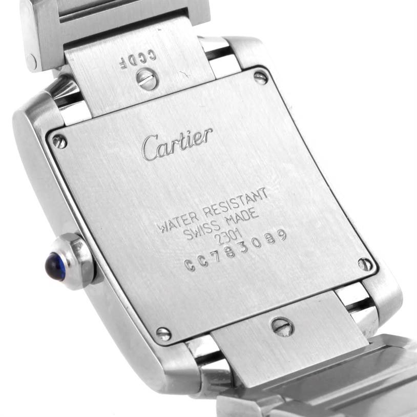 The image shows the back case and part of the bracelet of a Cartier Tank Francaise WSTA0005 Women's Stainless Steel Silver Dial WSTA0005 Women's Stainless Steel Silver Dial watch.