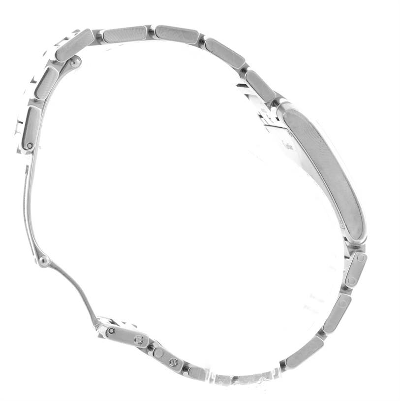 This image shows a Cartier Tank Francaise WSTA0005 Women's Stainless Steel Silver Dial WSTA0005 Women's Stainless Steel Silver Dial watch from a side profile, highlighting its bracelet and case.