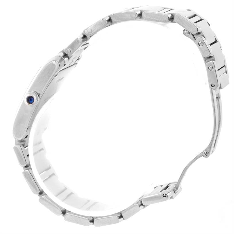 The image shows a side view of the Cartier Tank Francaise WSTA0005 Women's Stainless Steel Silver Dial WSTA0005 Women's Stainless Steel Silver Dial watch, highlighting the band and steel case with a blue crown.