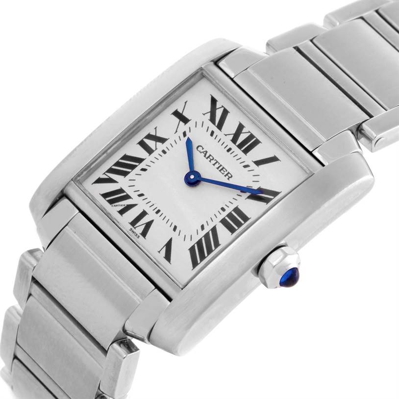 The image shows a Cartier Tank Francaise WSTA0005 Women's Stainless Steel Silver Dial WSTA0005 Women's Stainless Steel Silver Dial watch at a slight angle focusing on the case, dial with Roman numerals, and part of the bracelet.