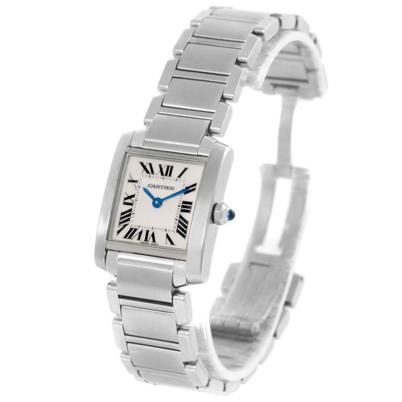 The Cartier Tank Française watch is shown at a slight angle, displaying the face, bezel, crown, and bracelet.