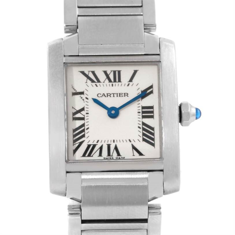The image shows a front view of the Cartier Tank Francaise W51008Q3 Women's Stainless Steel Silver Dial W51008Q3 Women's Stainless Steel Silver Dial watch, highlighting its face, crown, and part of the bracelet.