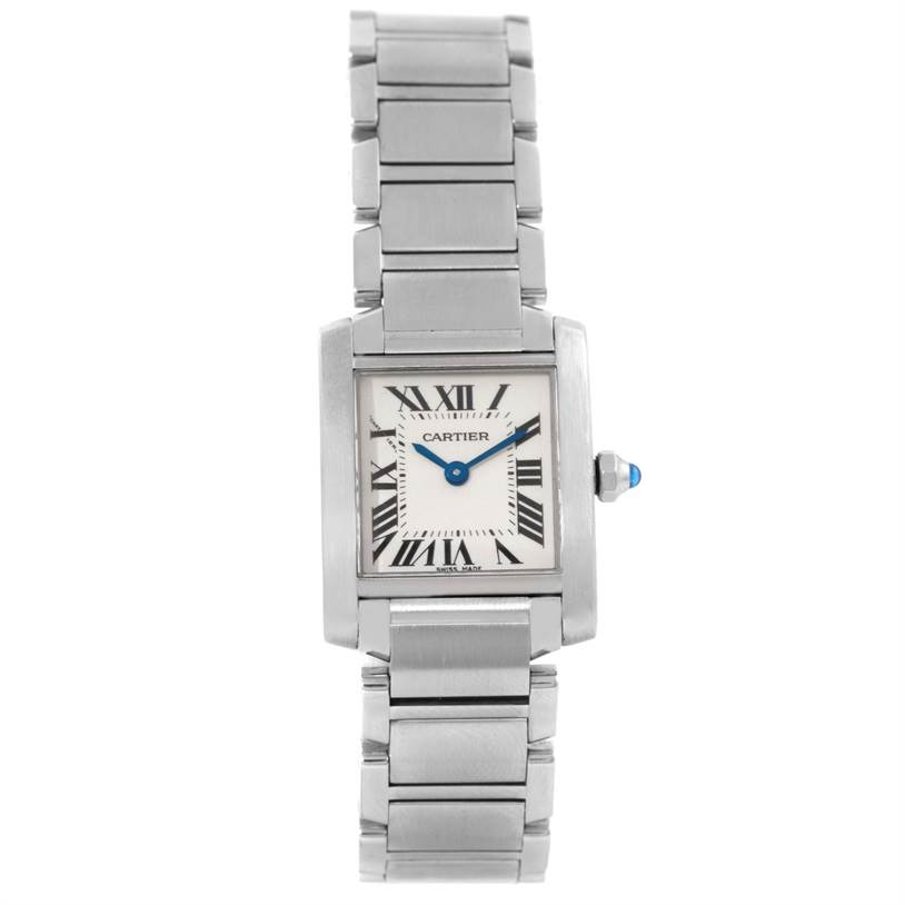 The image shows a front view of the Cartier Tank Francaise W51008Q3 Women's Stainless Steel Silver Dial W51008Q3 Women's Stainless Steel Silver Dial watch, displaying its square face, Roman numerals, and metal bracelet.