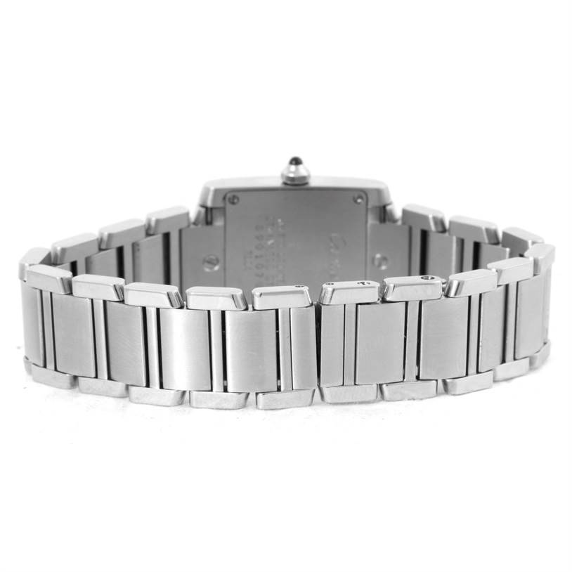 This image shows the back side of the interior and bracelet of a Cartier Tank Francaise W51008Q3 Women's Stainless Steel Silver Dial W51008Q3 Women's Stainless Steel Silver Dial watch in a close-up rear view.
