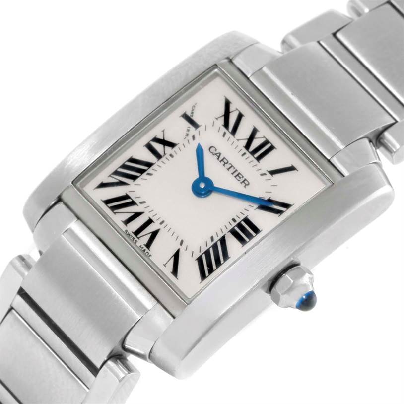 The image shows a close-up of a Cartier Tank Francaise W51008Q3 Women's Stainless Steel Silver Dial W51008Q3 Women's Stainless Steel Silver Dial watch, highlighting the dial, crown, and part of the bracelet.