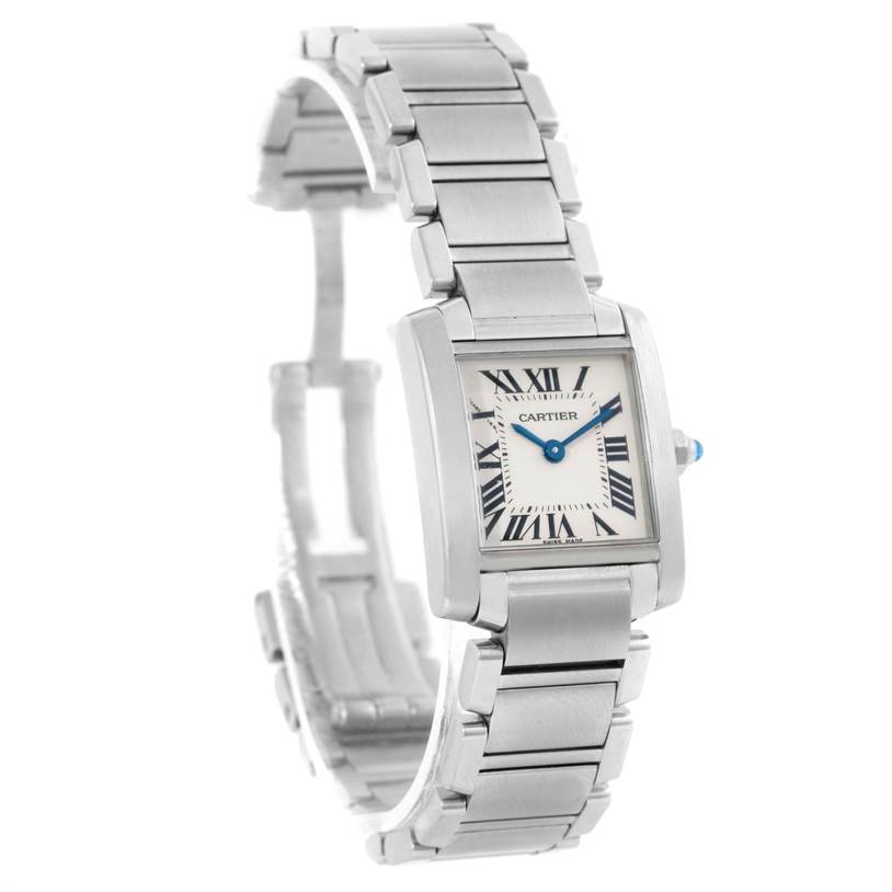 This image shows a side angle of a Cartier Tank Française watch, prominently displaying the dial and metal bracelet.