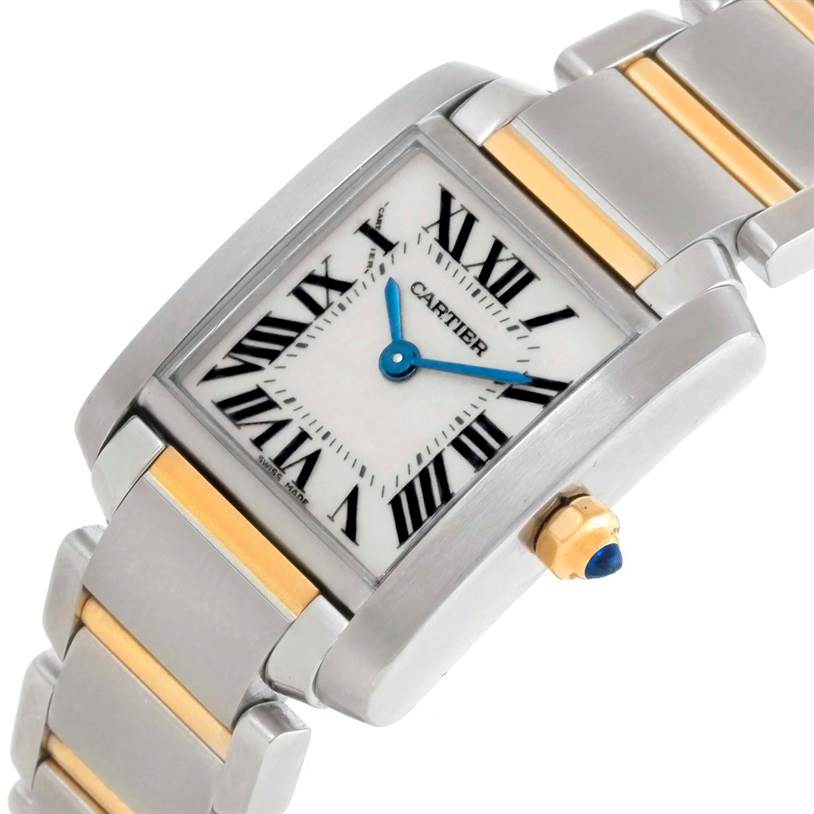 The image shows a close-up angled view of the Cartier Tank Francaise W51007Q4 Women's Steel and Gold (two tone) Silver Dial W51007Q4 Women's Steel and Gold (two tone) Silver Dial watch, highlighting its face, crown, and part of the bracelet.