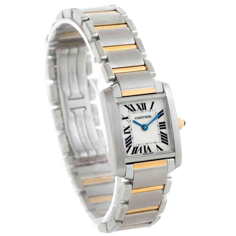 The Cartier Tank Francaise W51007Q4 Women's Steel and Gold (two tone) Silver Dial W51007Q4 Women's Steel and Gold (two tone) Silver Dial watch is shown at an oblique angle, highlighting its face, bracelet, and bezel.