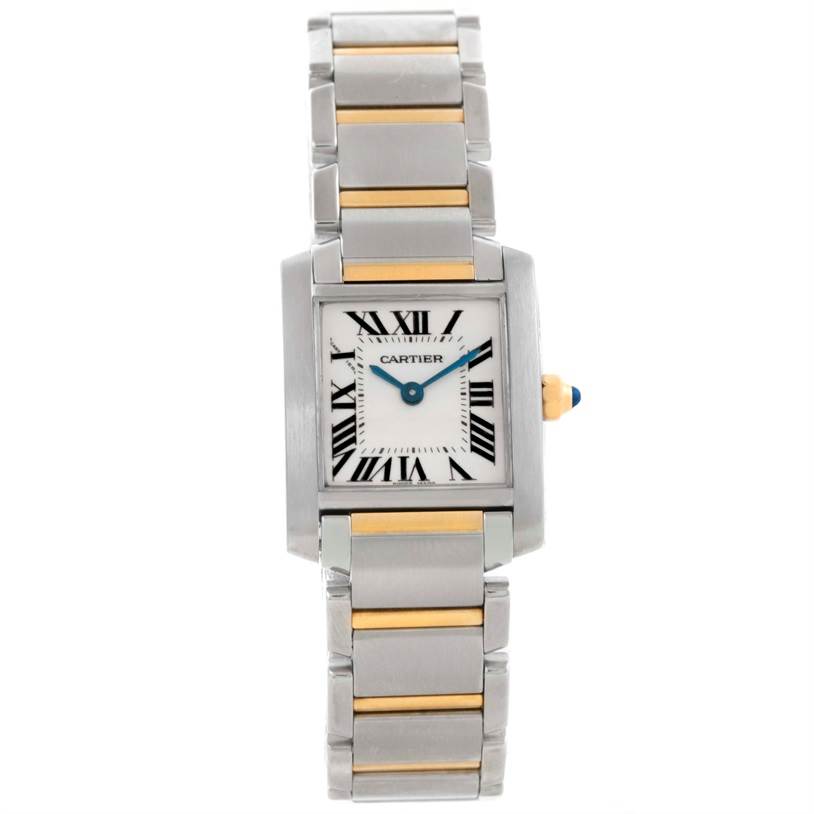 The image shows the Cartier Tank Française watch from a front view, highlighting the face, bracelet, and crown.