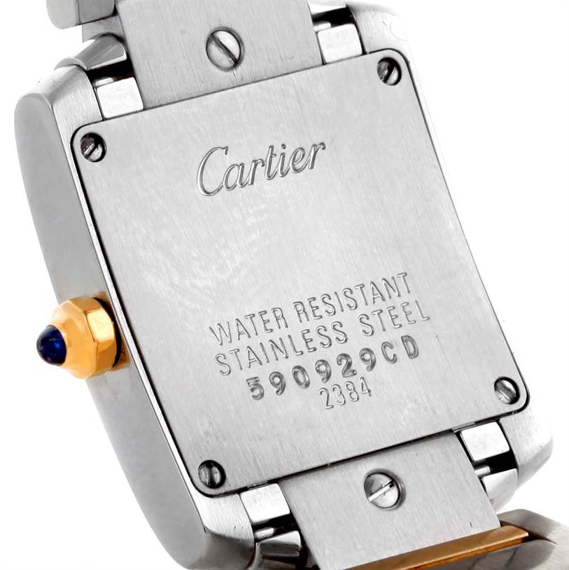 The image shows the case back of a Cartier Tank Francaise W51007Q4 Women's Steel and Gold (two tone) Silver Dial W51007Q4 Women's Steel and Gold (two tone) Silver Dial watch at an angle that includes the crown and part of the bracelet.