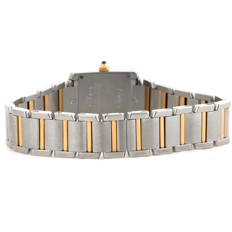 The image shows the back view of a Cartier Tank Francaise W51007Q4 Women's Steel and Gold (two tone) Silver Dial W51007Q4 Women's Steel and Gold (two tone) Silver Dial watch, highlighting the bracelet and case back.