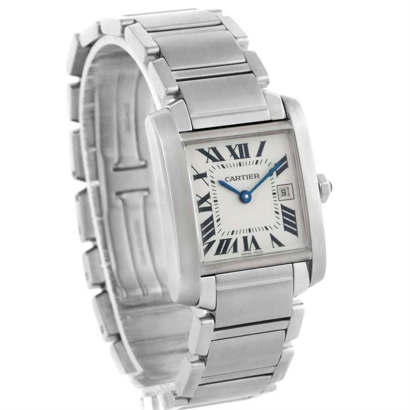 The image shows a Cartier Tank Française watch at a slightly angled side view, highlighting its bracelet and dial with Roman numerals.